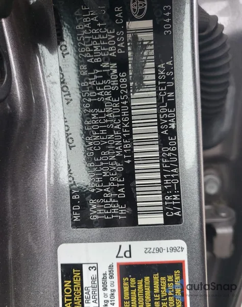 2017 Toyota Camry Se z USA, uszkodzony, nr VIN 4T1BF1FK6HU452086